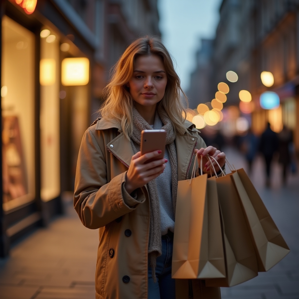 Mladá žena drží nákupní tašky a dívá se na mobilní telefon